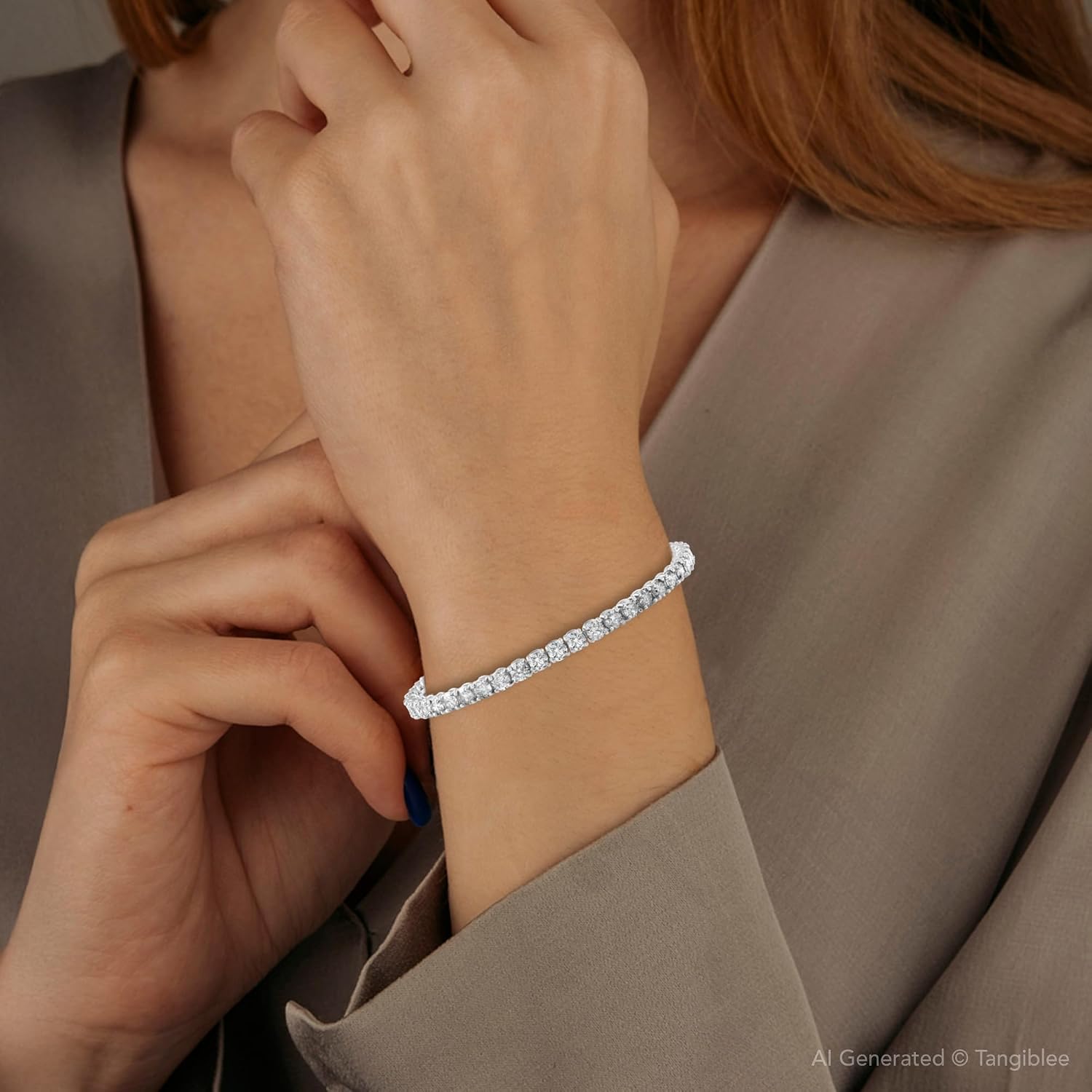 Diamond tennis bracelet in white gold with round cut stones, classic luxury — view 4