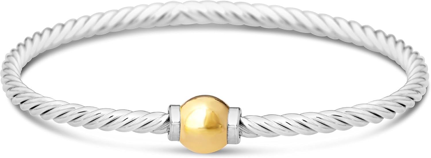 Two-tone bangle bracelet in gold and silver with twisted ball design — view 1