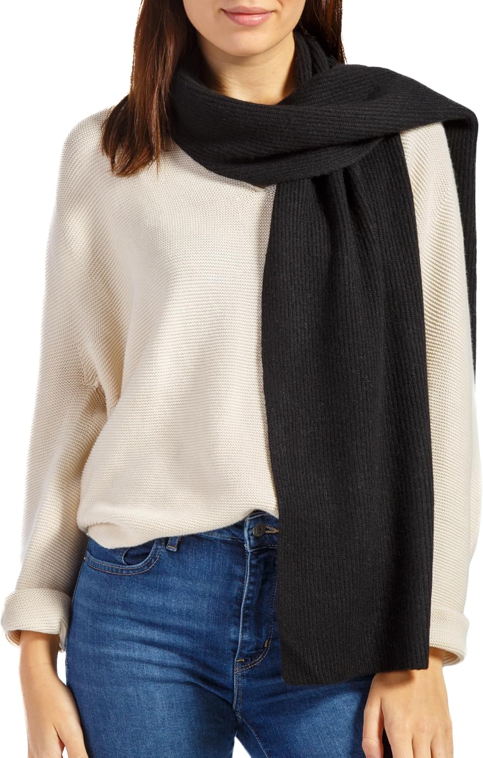 black cashmere ribbed knit winter scarf — lightweight warmth — view 1
