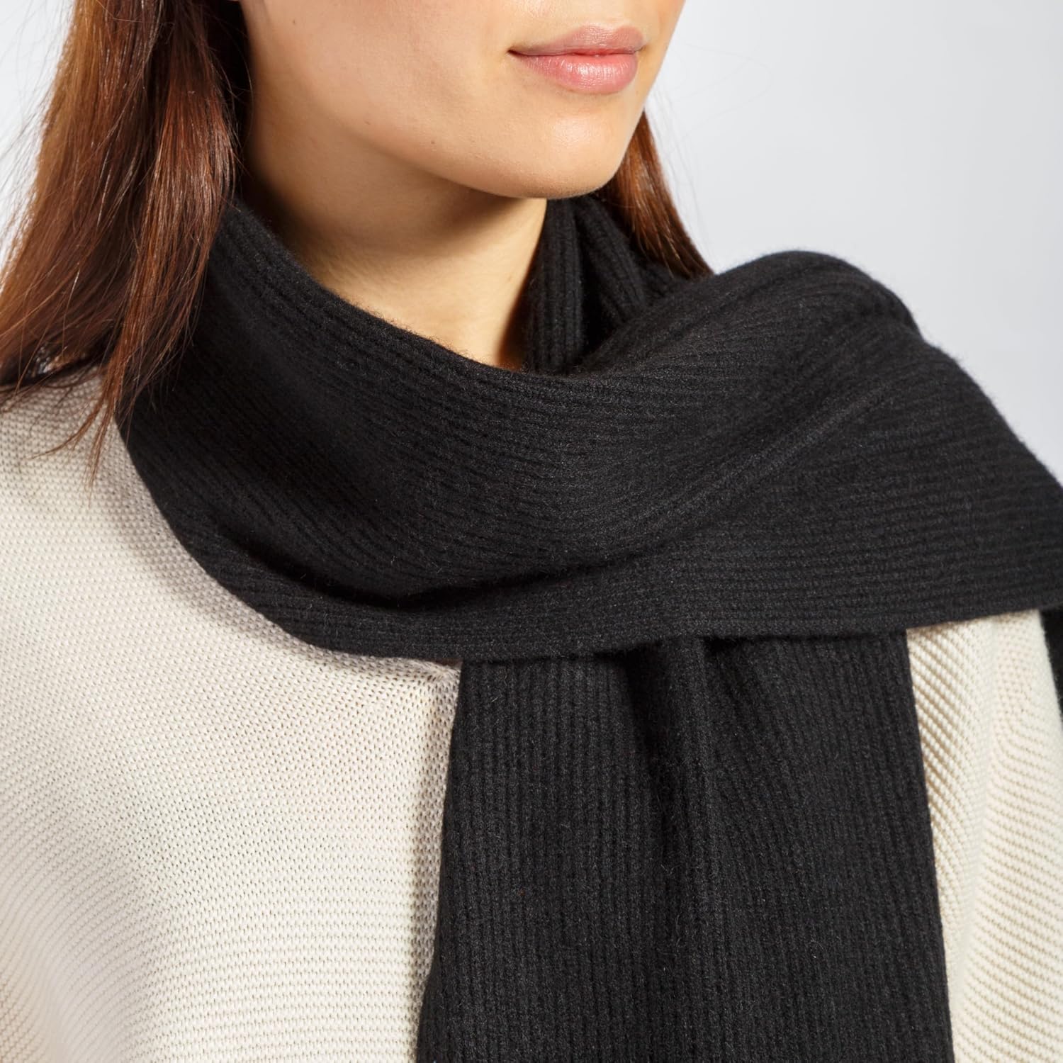 black cashmere ribbed knit winter scarf — lightweight warmth — view 2