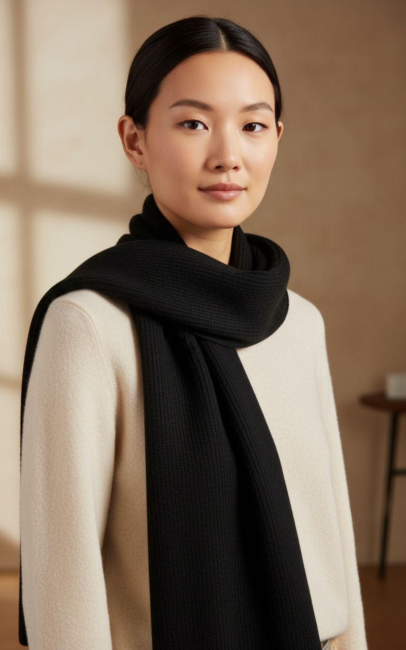 black cashmere ribbed knit winter scarf — lightweight warmth — view 1