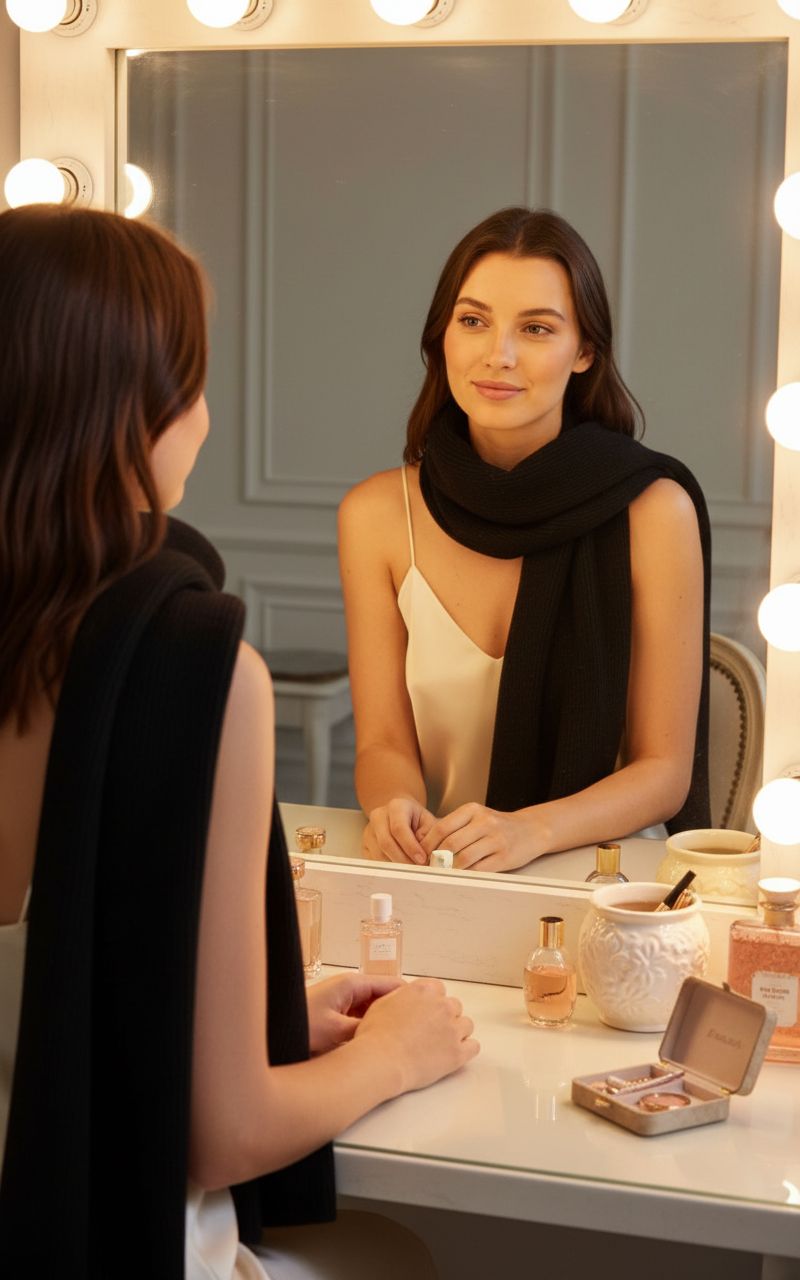 black cashmere ribbed knit winter scarf — lightweight warmth — view 2
