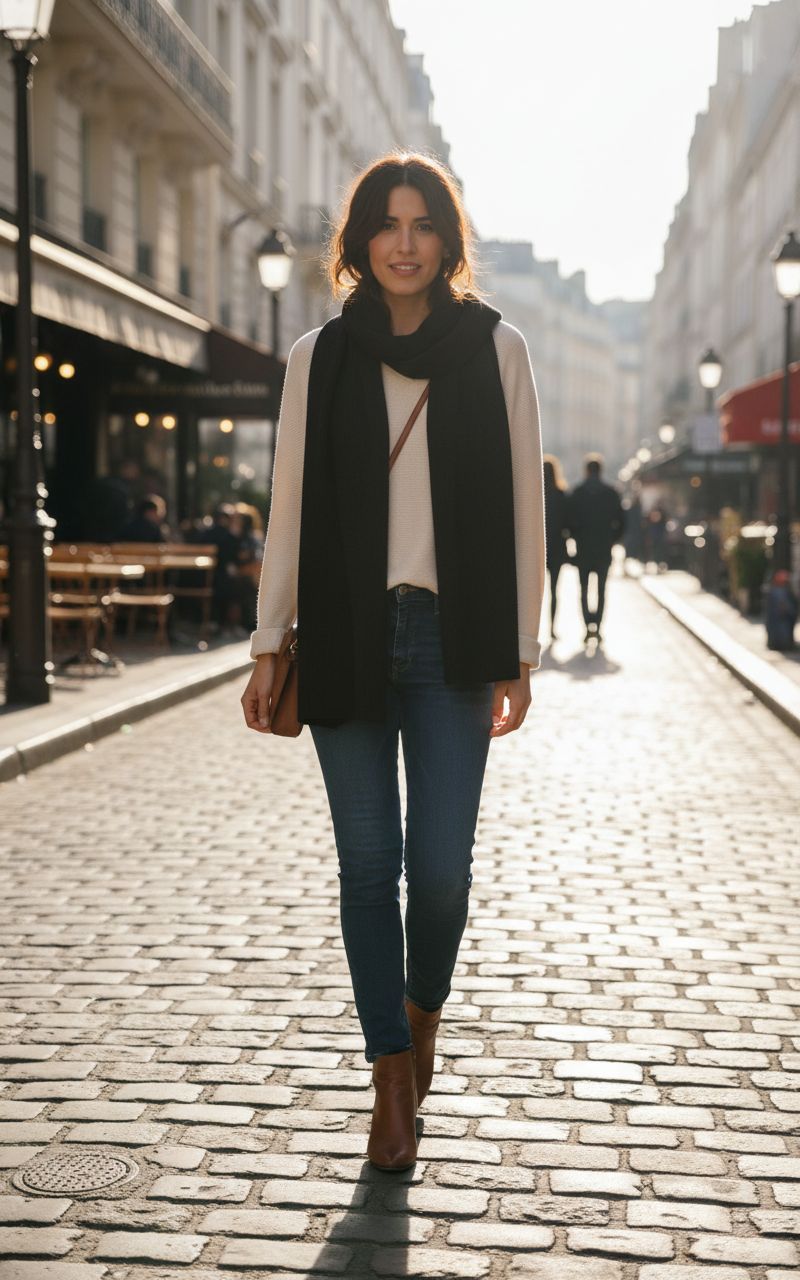black cashmere ribbed knit winter scarf — lightweight warmth — view 4
