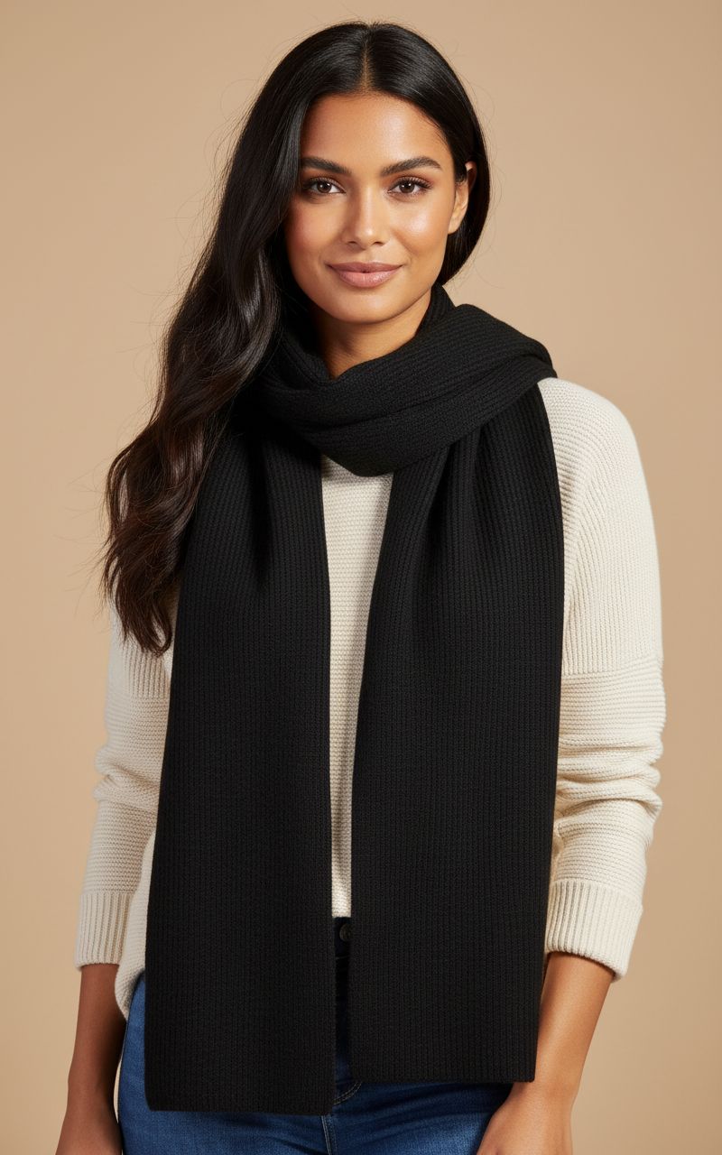 black cashmere ribbed knit winter scarf — lightweight warmth — view 6