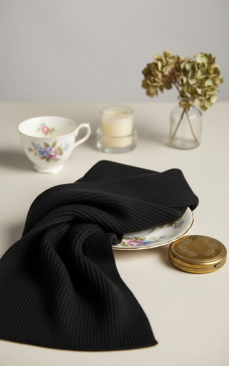 black cashmere ribbed knit winter scarf — lightweight warmth — view 2