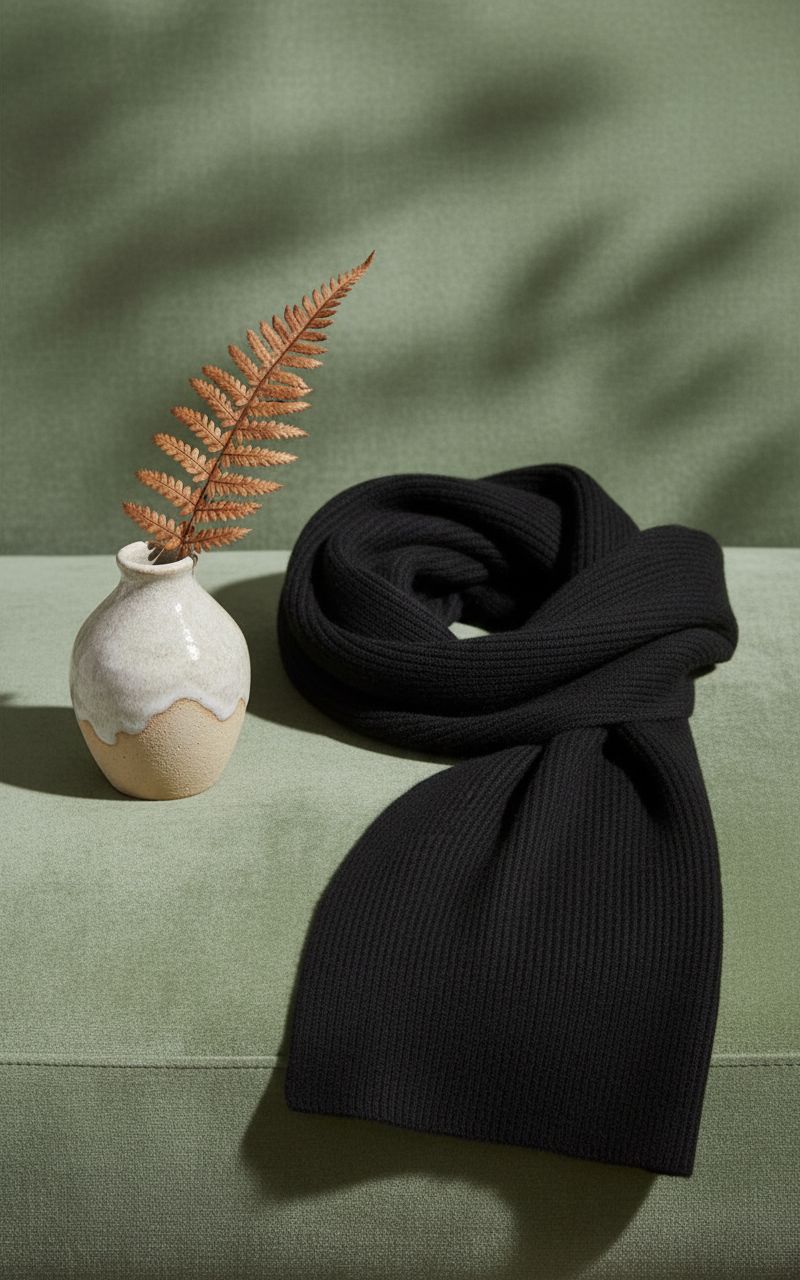 black cashmere ribbed knit winter scarf — lightweight warmth — view 3