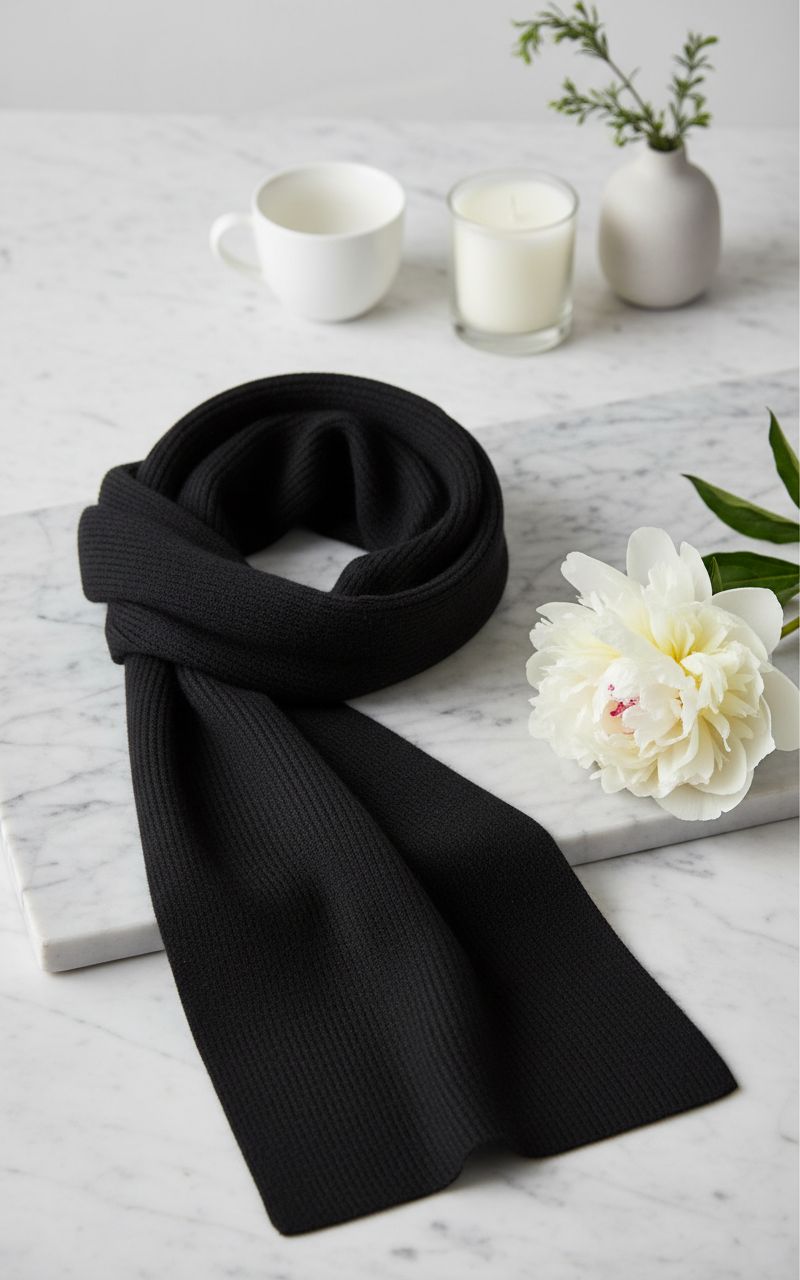 black cashmere ribbed knit winter scarf — lightweight warmth — view 7