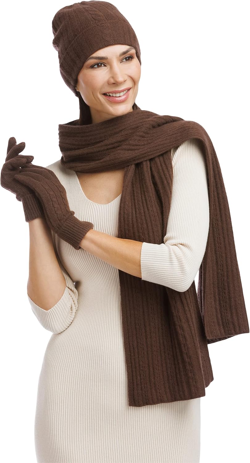 pure cashmere cable knit hat, gloves, and scarf set in warm neutral — view 4