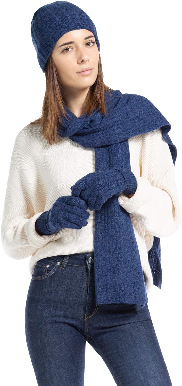 pure cashmere cable knit hat, gloves, and scarf set in warm neutral — front