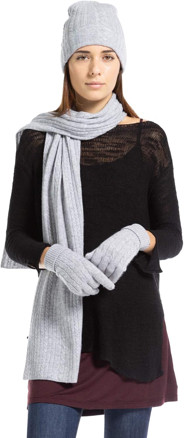 pure cashmere cable knit hat, gloves, and scarf set in warm neutral — back