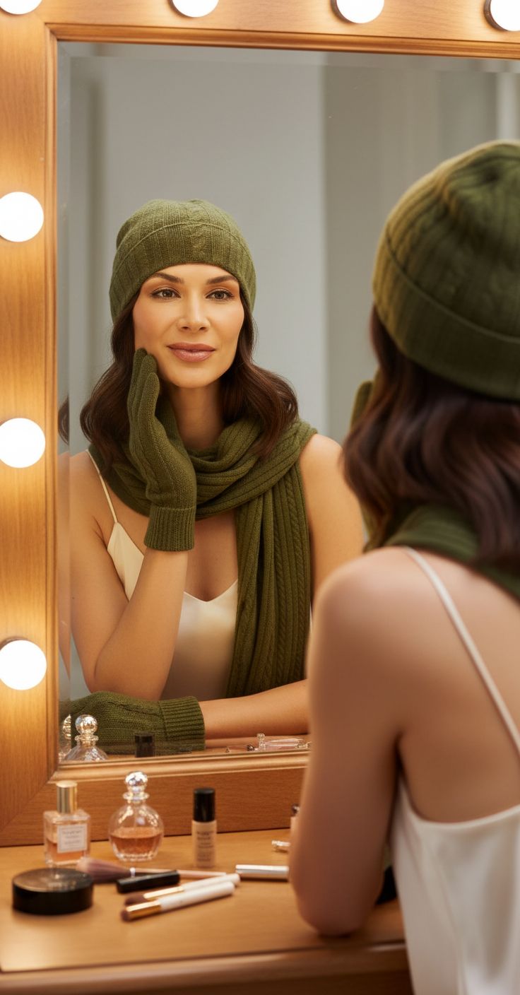 pure cashmere cable knit hat, gloves, and scarf set in warm neutral — view 2