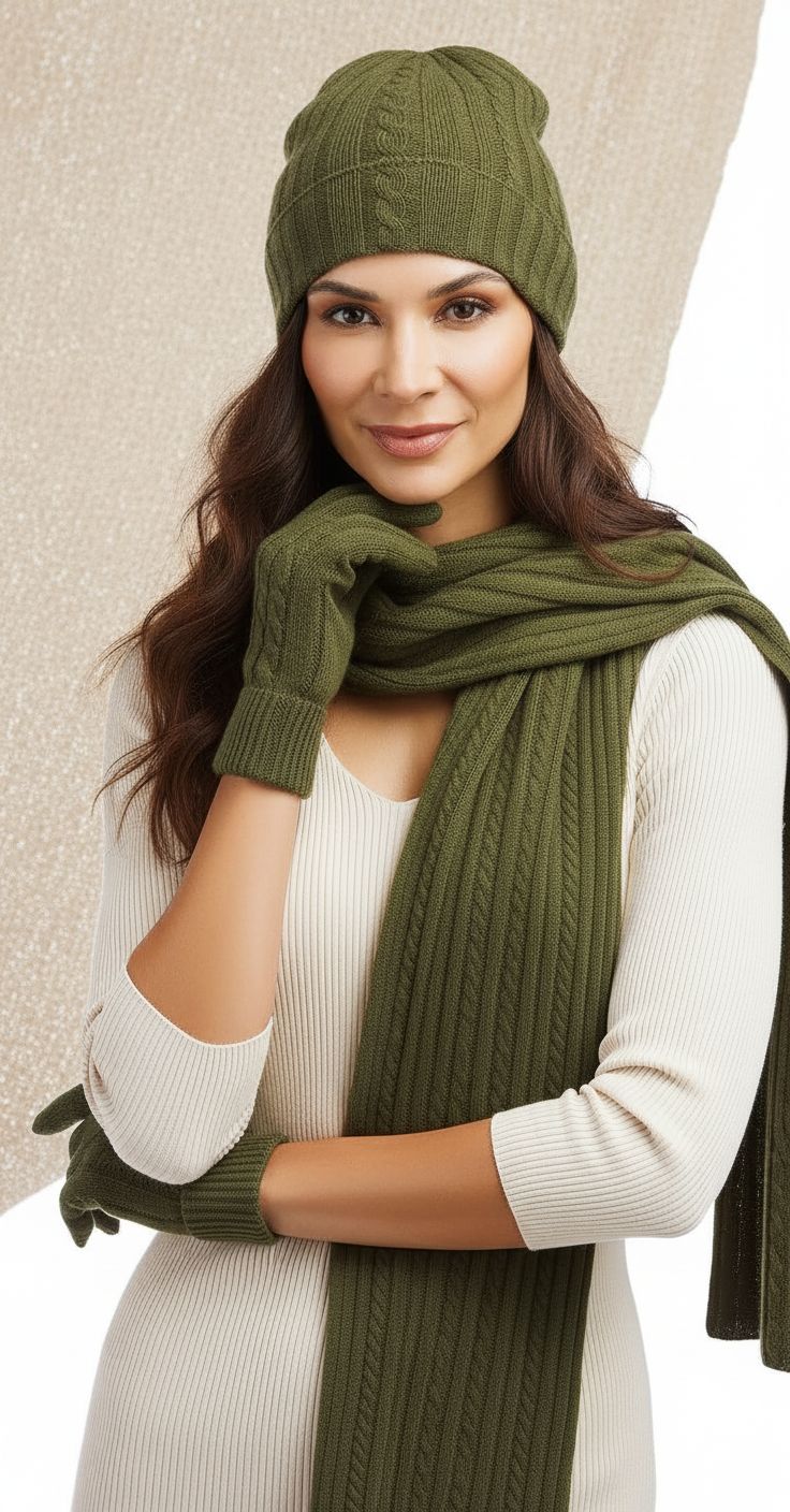 pure cashmere cable knit hat, gloves, and scarf set in warm neutral — view 6