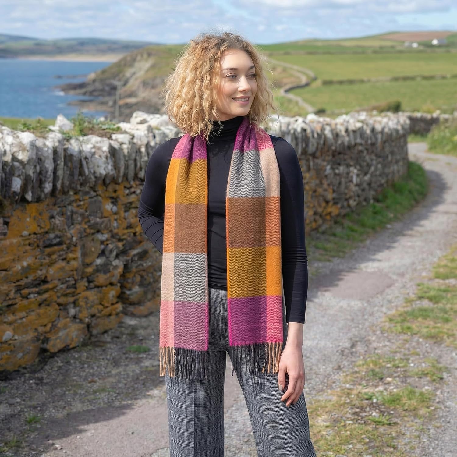 soft brushed merino wool scarf in multi color — handmade Irish luxury — front