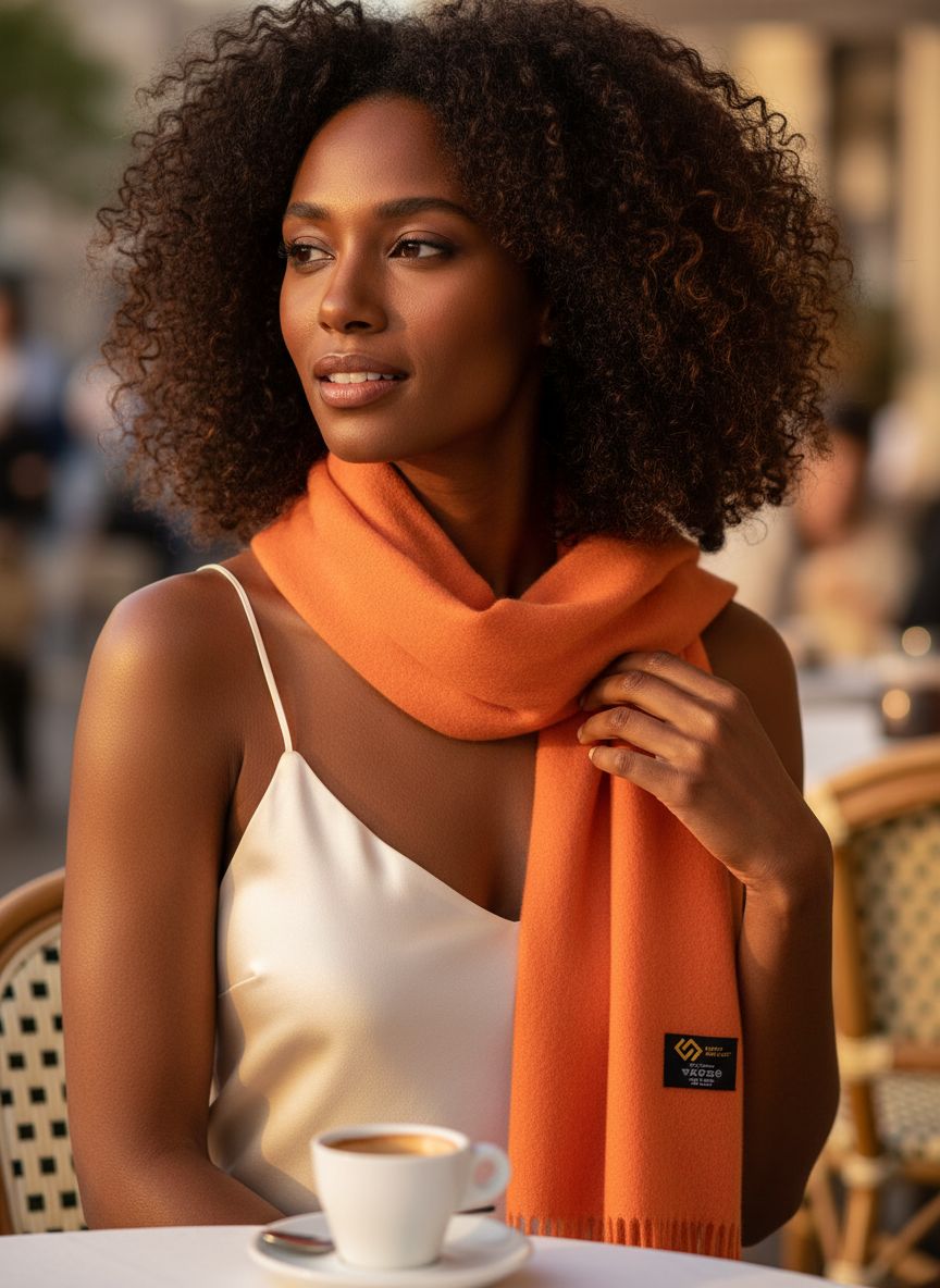 Cashmere scarf in warm orange — soft luxury winter accessory — view 3