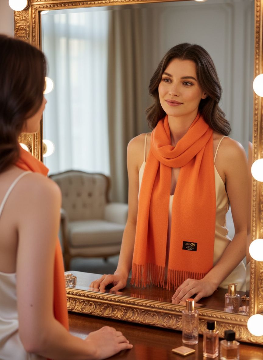 Cashmere scarf in warm orange — soft luxury winter accessory — view 2
