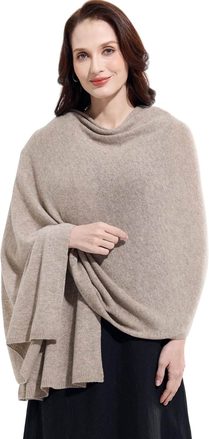Cashmere wrap shawl in warm neutral tones — extra large knit design — back