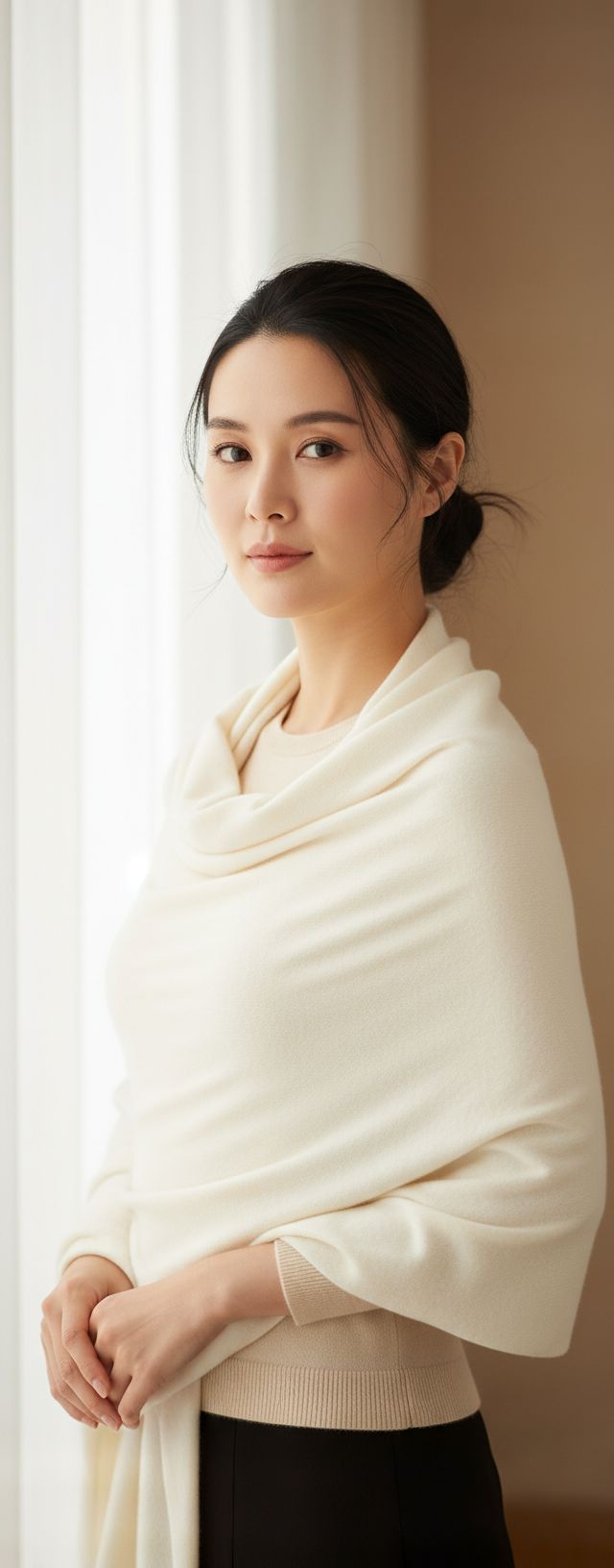 Cashmere wrap shawl in warm neutral tones — extra large knit design — view 1