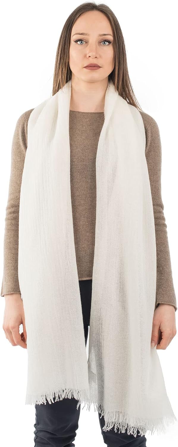 Cashmere pashmina wrap in warm neutral — lightweight wedding shawl — side