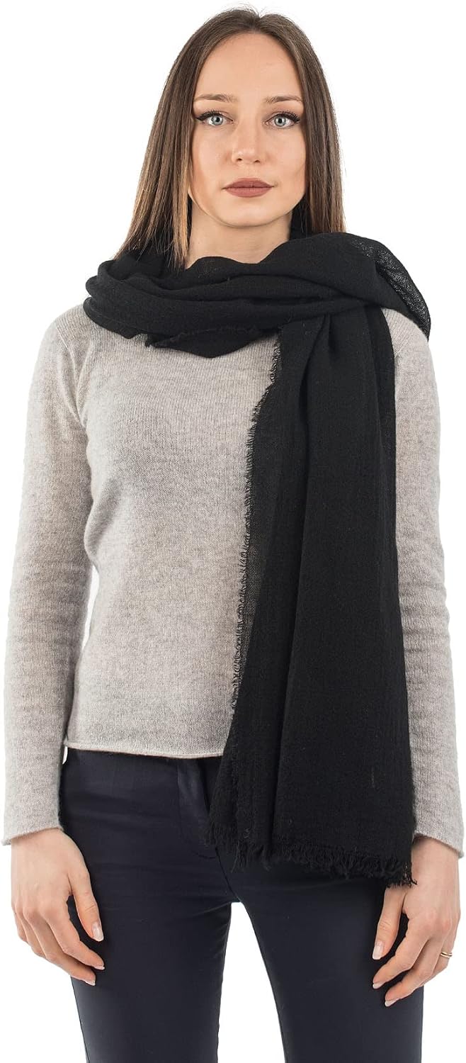 Cashmere pashmina wrap in warm neutral — lightweight wedding shawl — back