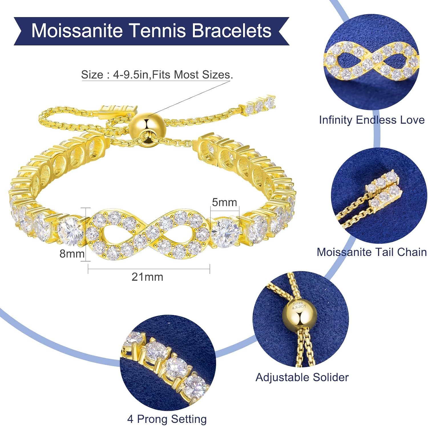 moissanite tennis bracelet in gold vermeil — sterling silver with lab-created diamonds — view 4