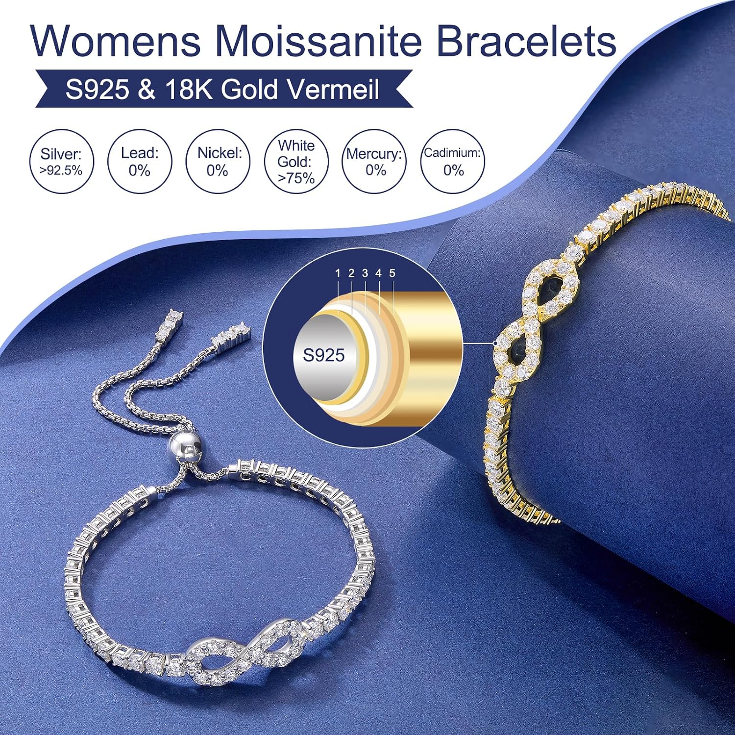 moissanite tennis bracelet in gold vermeil — sterling silver with lab-created diamonds — view 2
