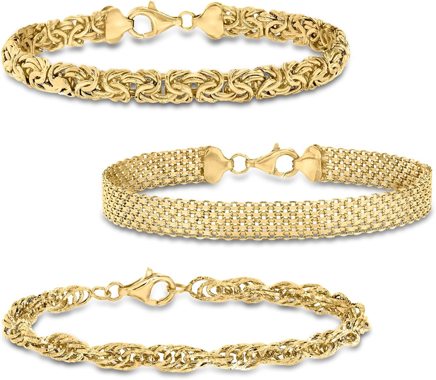 Three sterling silver link bracelets stacked together, classic polished design — view 1