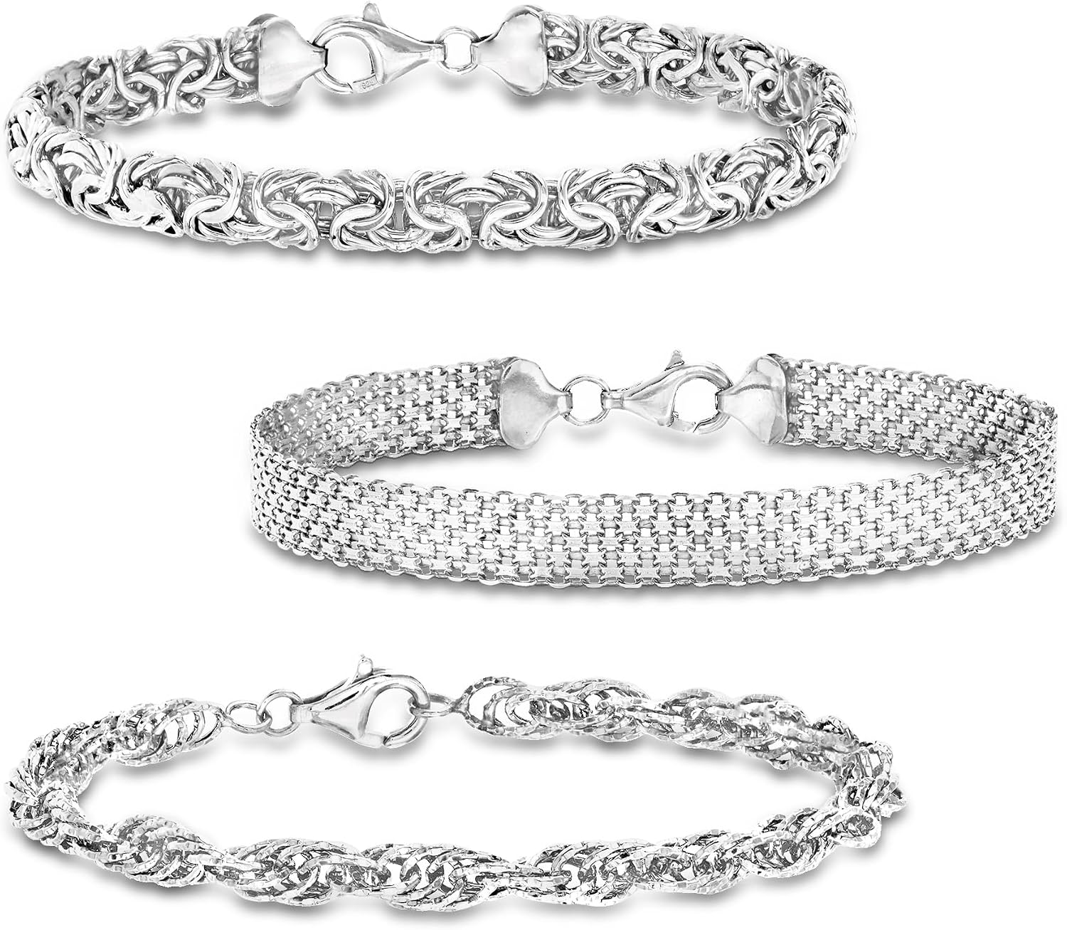 Three sterling silver link bracelets stacked together, classic polished design — view 3