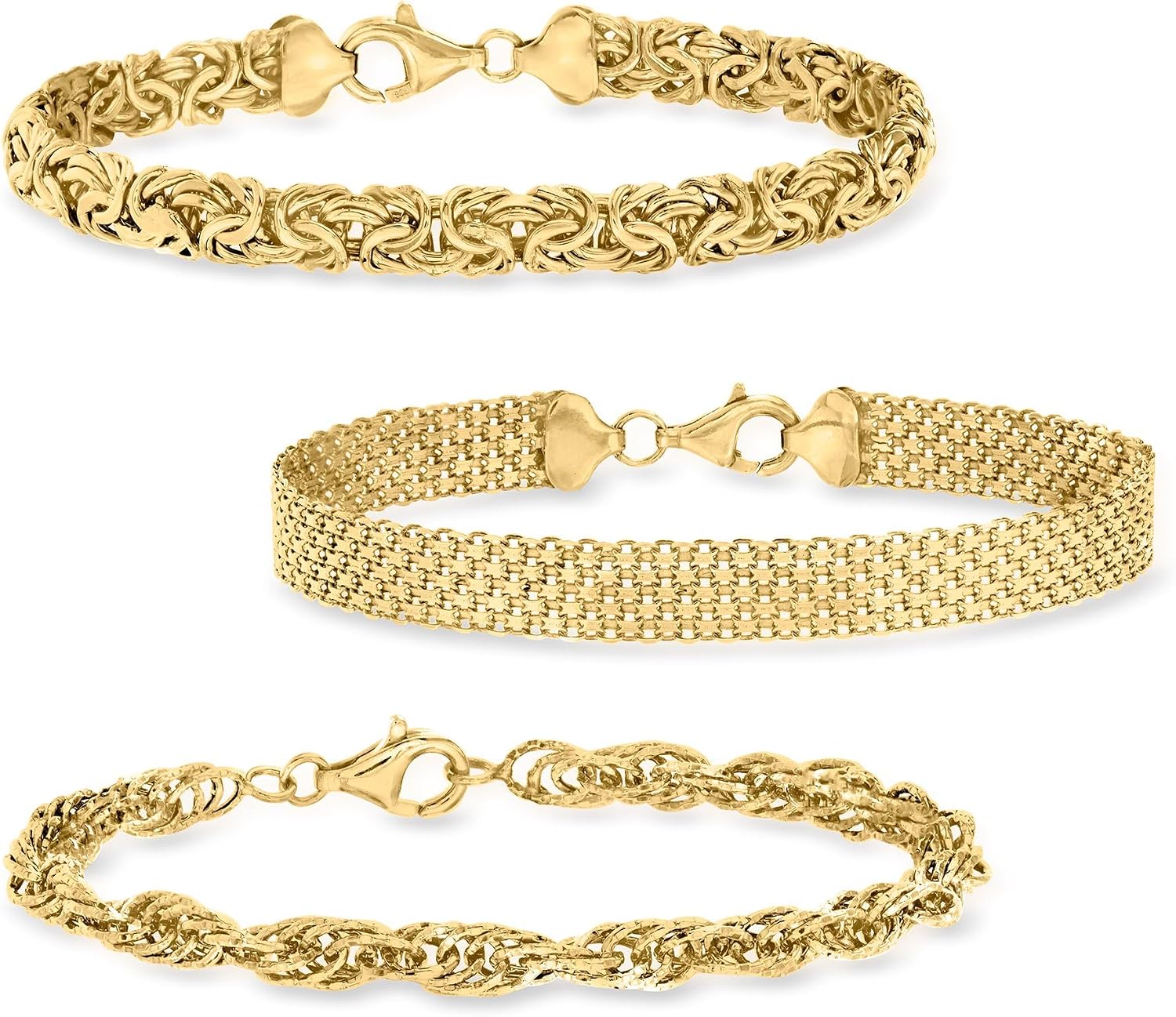 Three sterling silver link bracelets stacked together, classic polished design — view 4