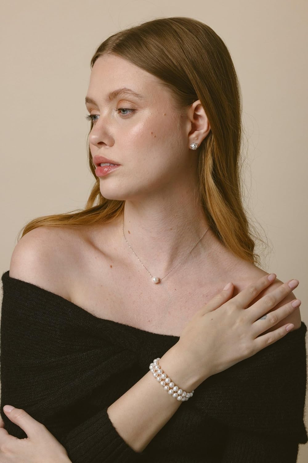 white freshwater pearl double strand bracelet with sterling silver clasp — view 3