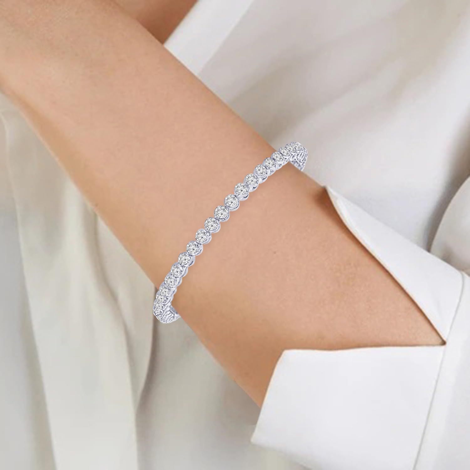 Lab-grown diamond tennis bracelet in white gold — classic luxury sparkle — view 1