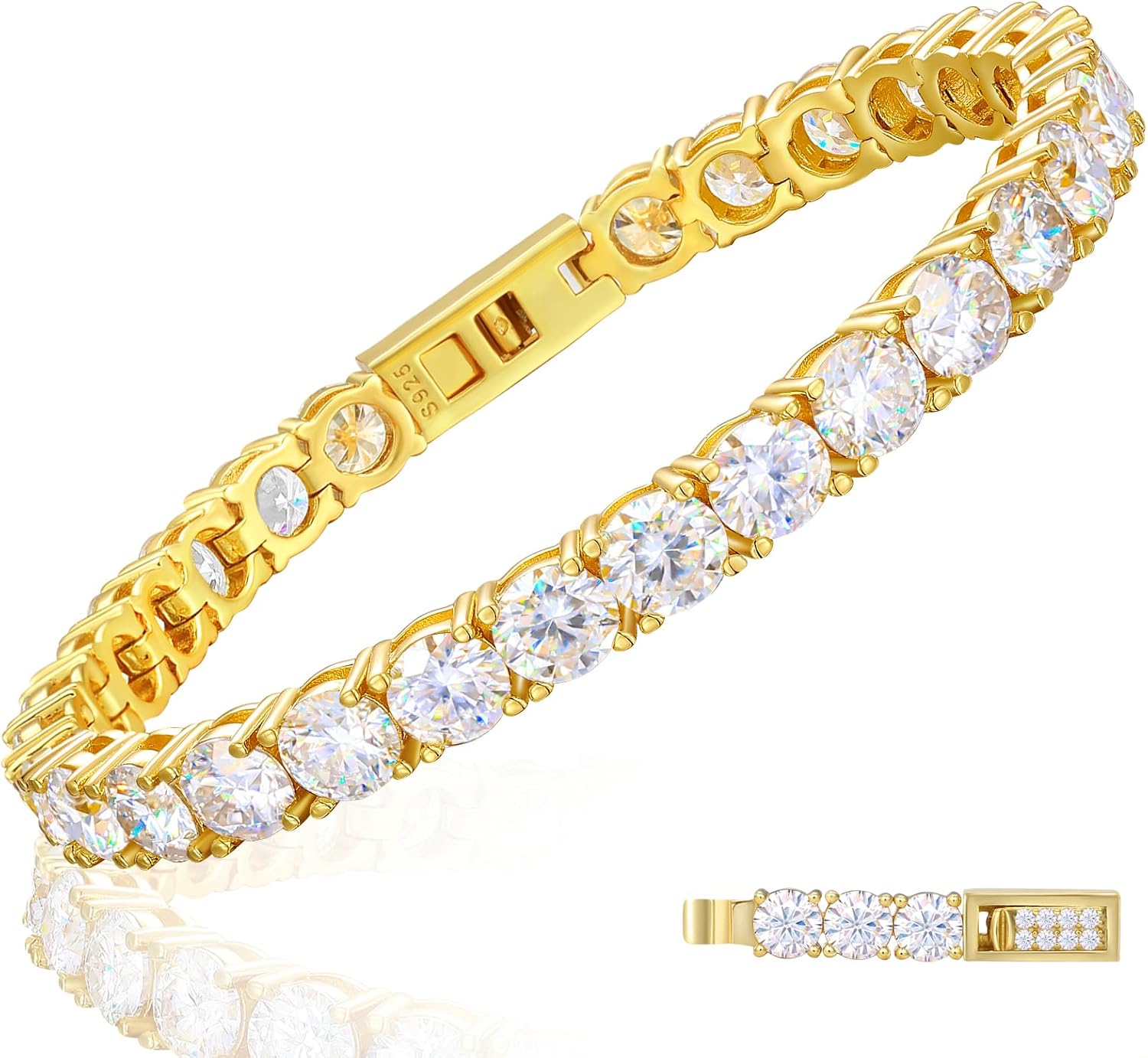 Moissanite tennis bracelet in gold-plated sterling silver — round brilliant cut stones — view 1