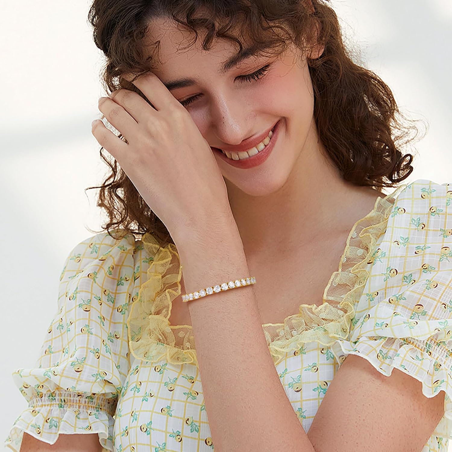 Moissanite tennis bracelet in gold-plated sterling silver — round brilliant cut stones — view 2