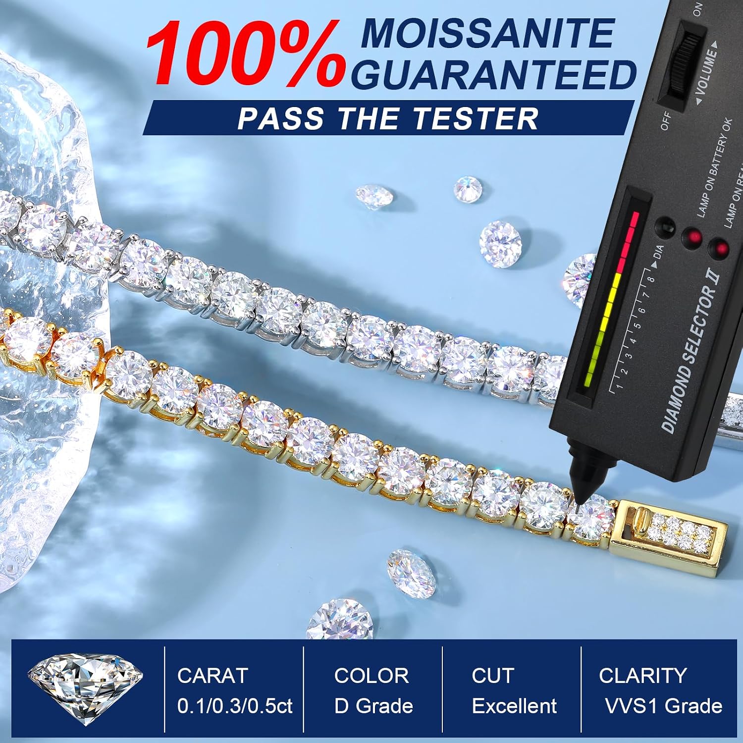Moissanite tennis bracelet in gold-plated sterling silver — round brilliant cut stones — view 3