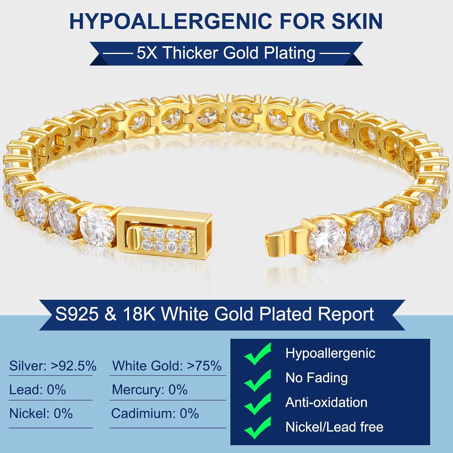 Moissanite tennis bracelet in gold-plated sterling silver — round brilliant cut stones — view 4