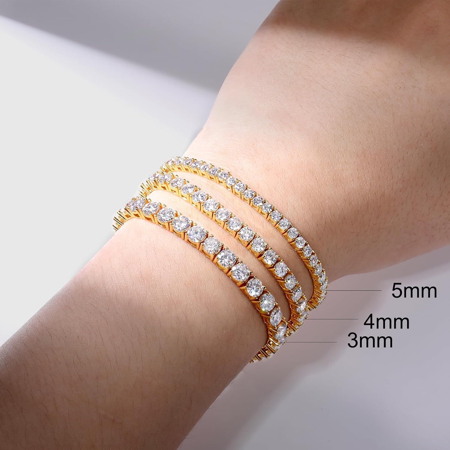 Moissanite tennis bracelet in gold-plated sterling silver — round brilliant cut stones — view 3