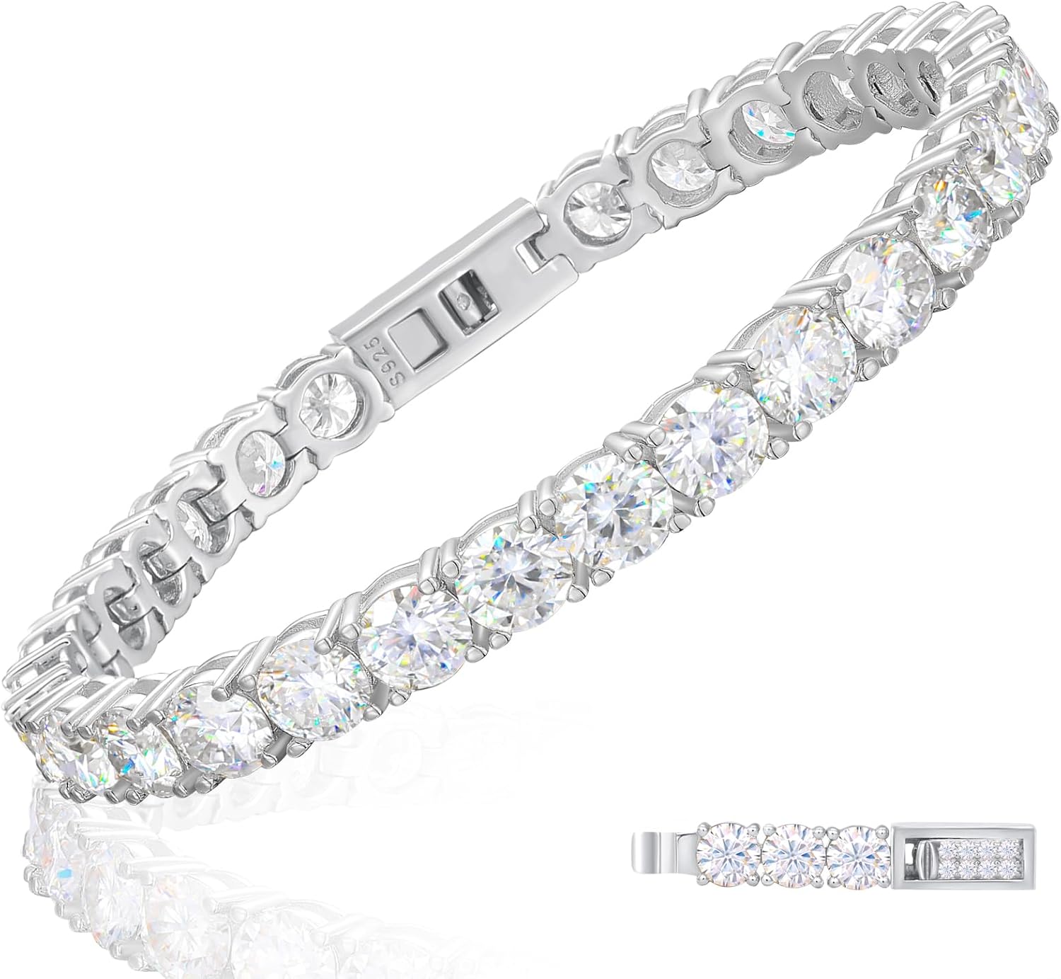 Moissanite tennis bracelet in gold-plated sterling silver — round brilliant cut stones — view 3