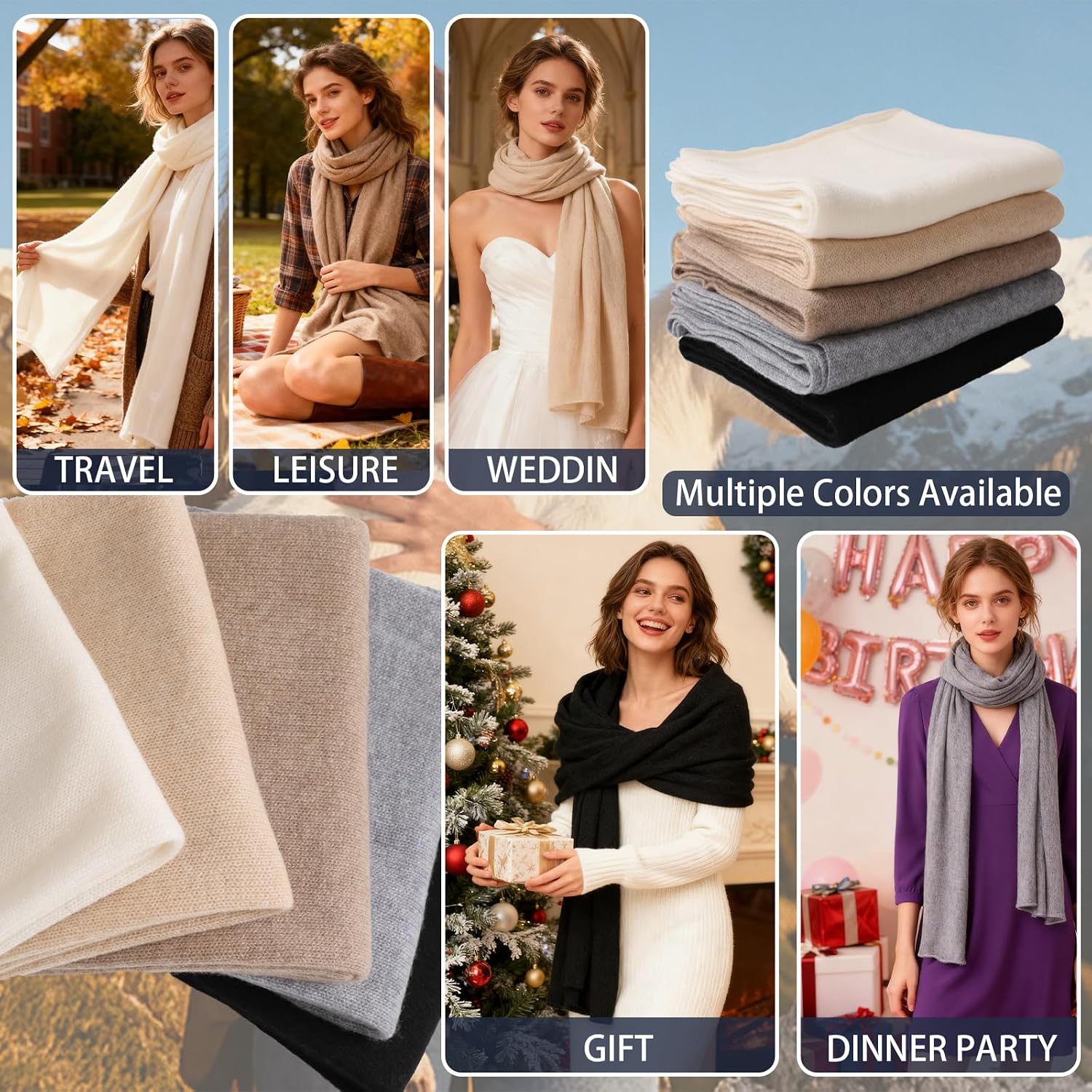 cashmere pashmina wrap in neutral tone — lightweight travel shawl — view 5