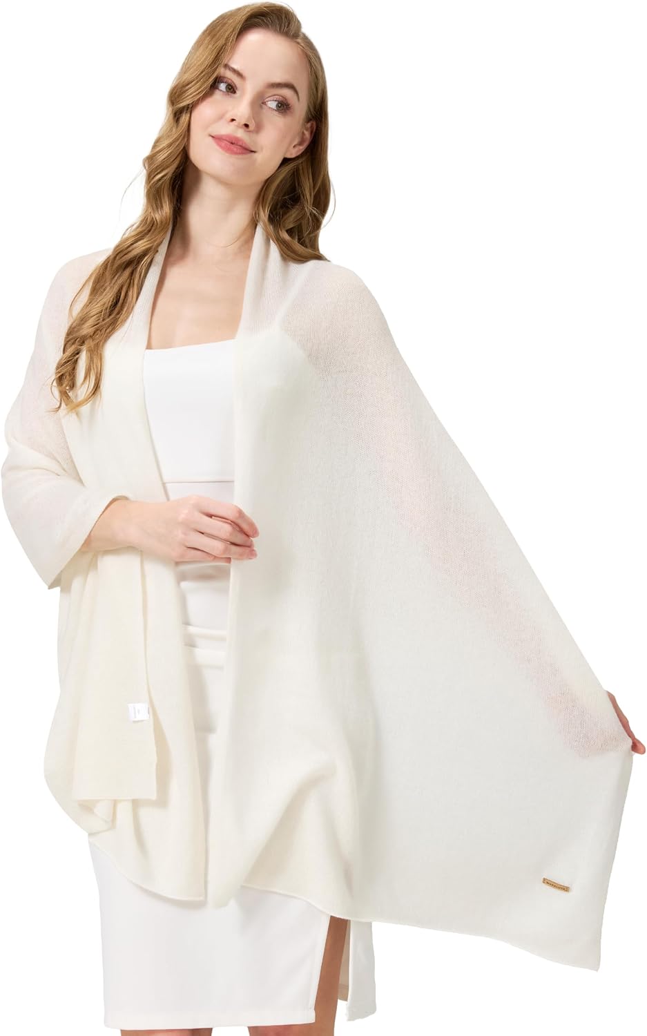 cashmere pashmina wrap in neutral tone — lightweight travel shawl — back