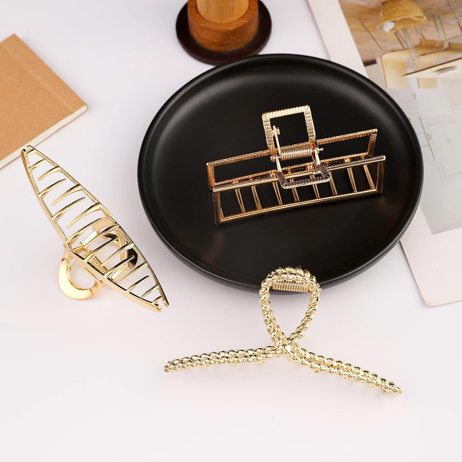Gold metal hair claw clips with non-slip grip — designed for thick and thin hair — detail
