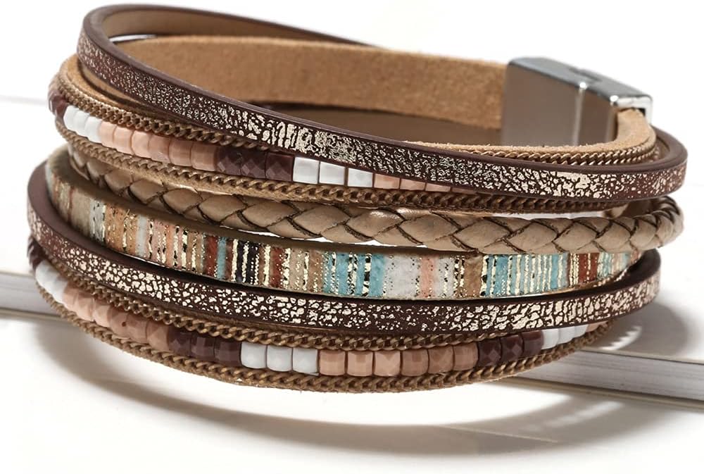 leather wrap bracelets in warm neutrals — boho western stacked style — view 2