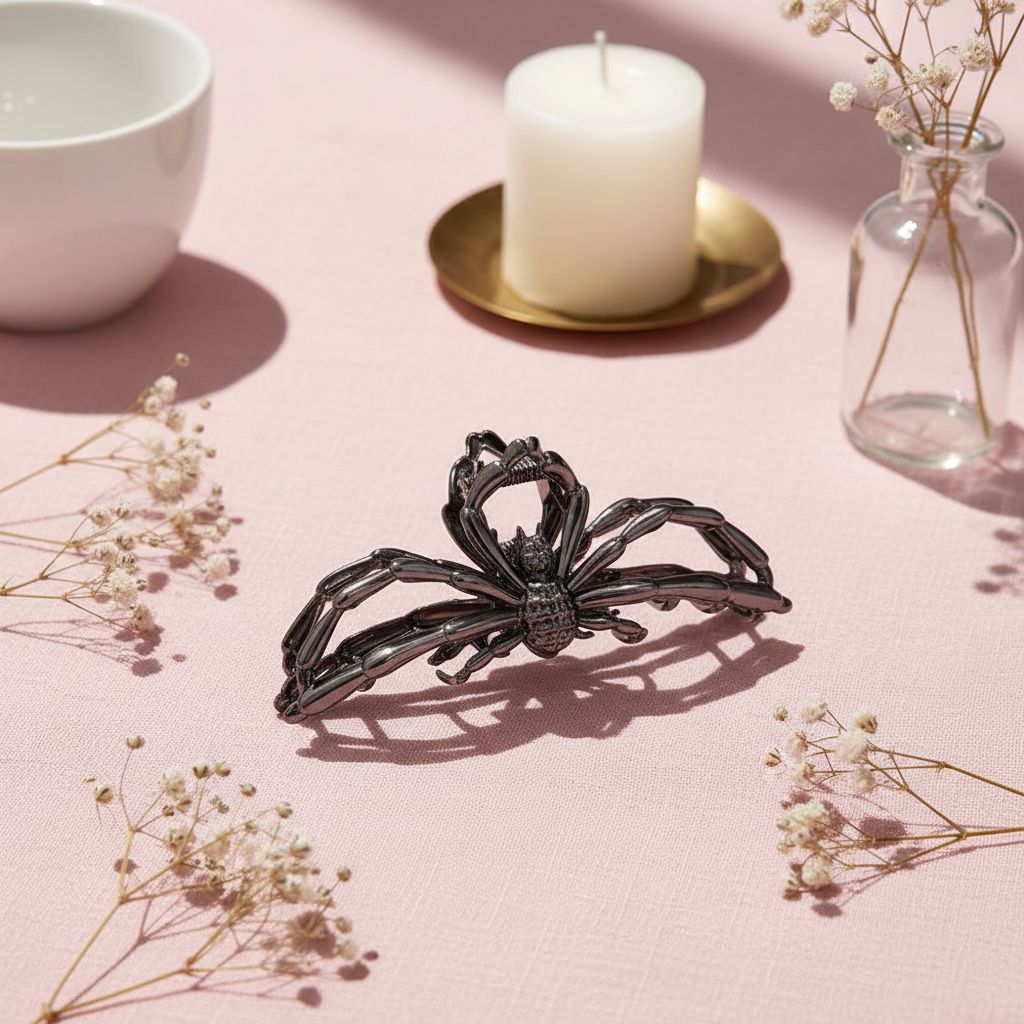 black metal hair claw clips with skeleton spider web design, edgy bold styling — view 4
