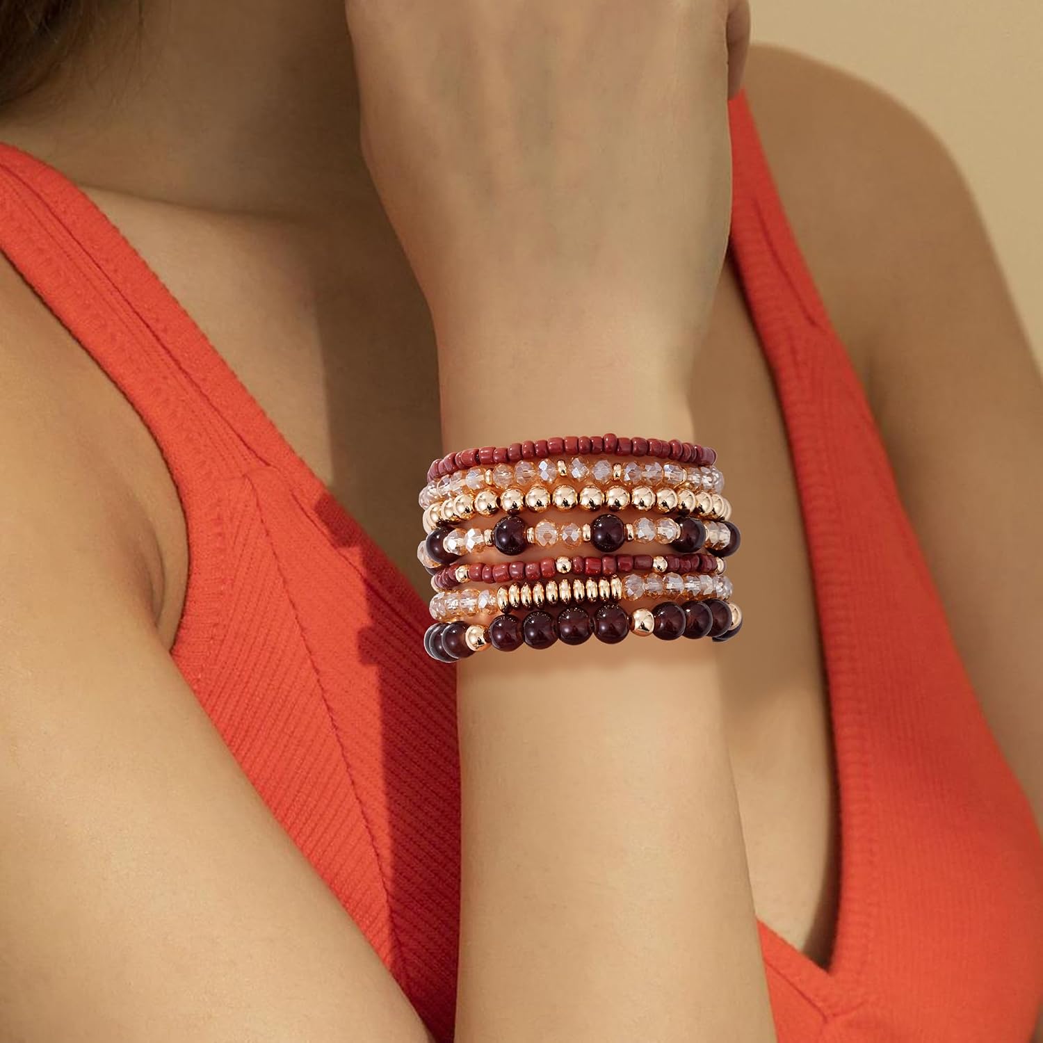 Multicolor boho beaded stretch bracelets — handmade stackable design — view 4