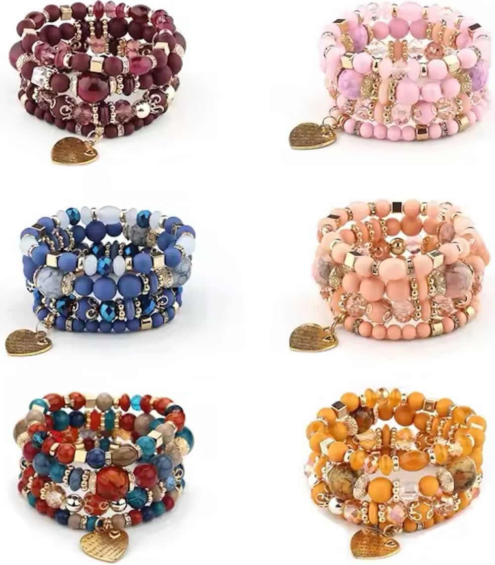 Colorful beaded boho bracelet set with crystal accents — stackable stretch design — view 5