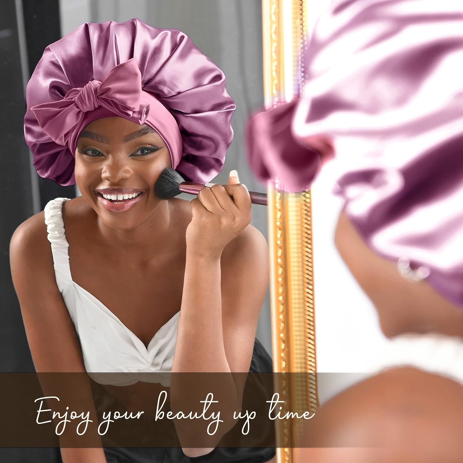 silk satin sleep bonnet in multi color with tie band for curly hair protection — view 4