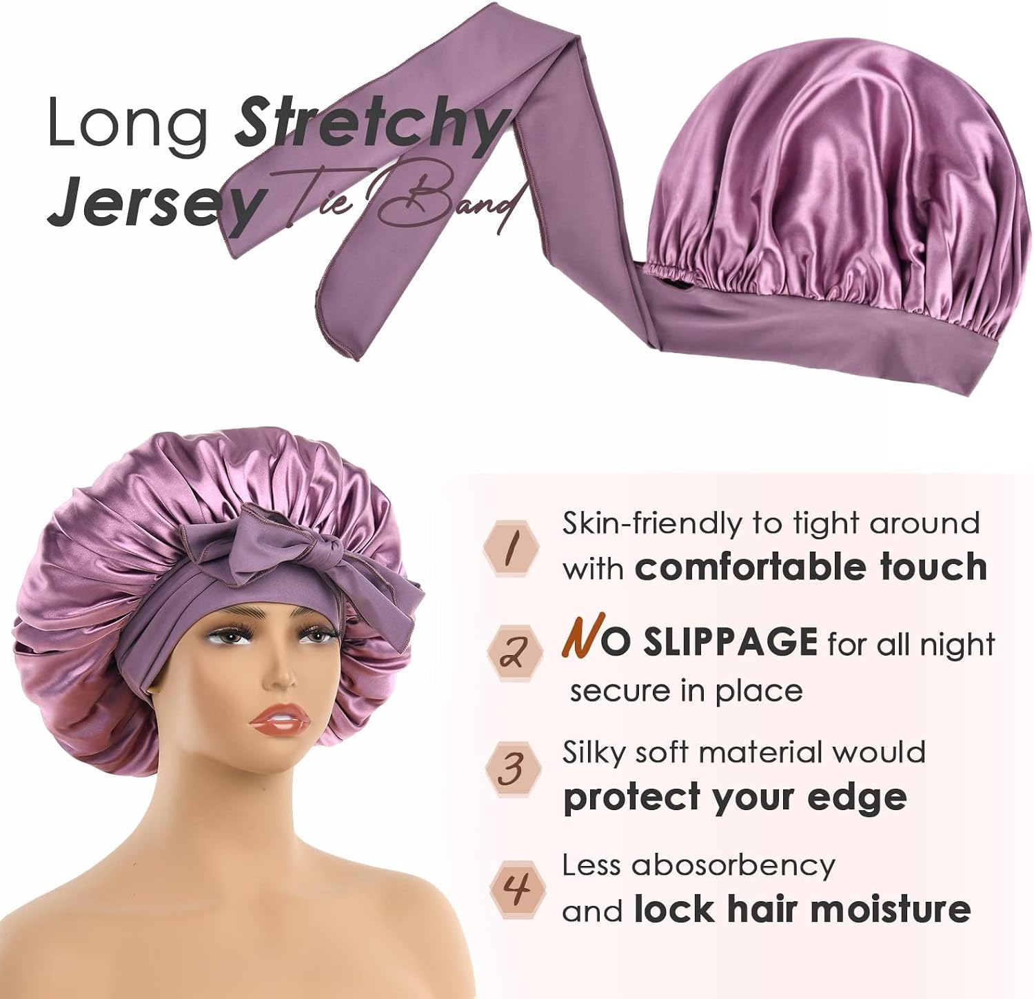 silk satin sleep bonnet in multi color with tie band for curly hair protection — front