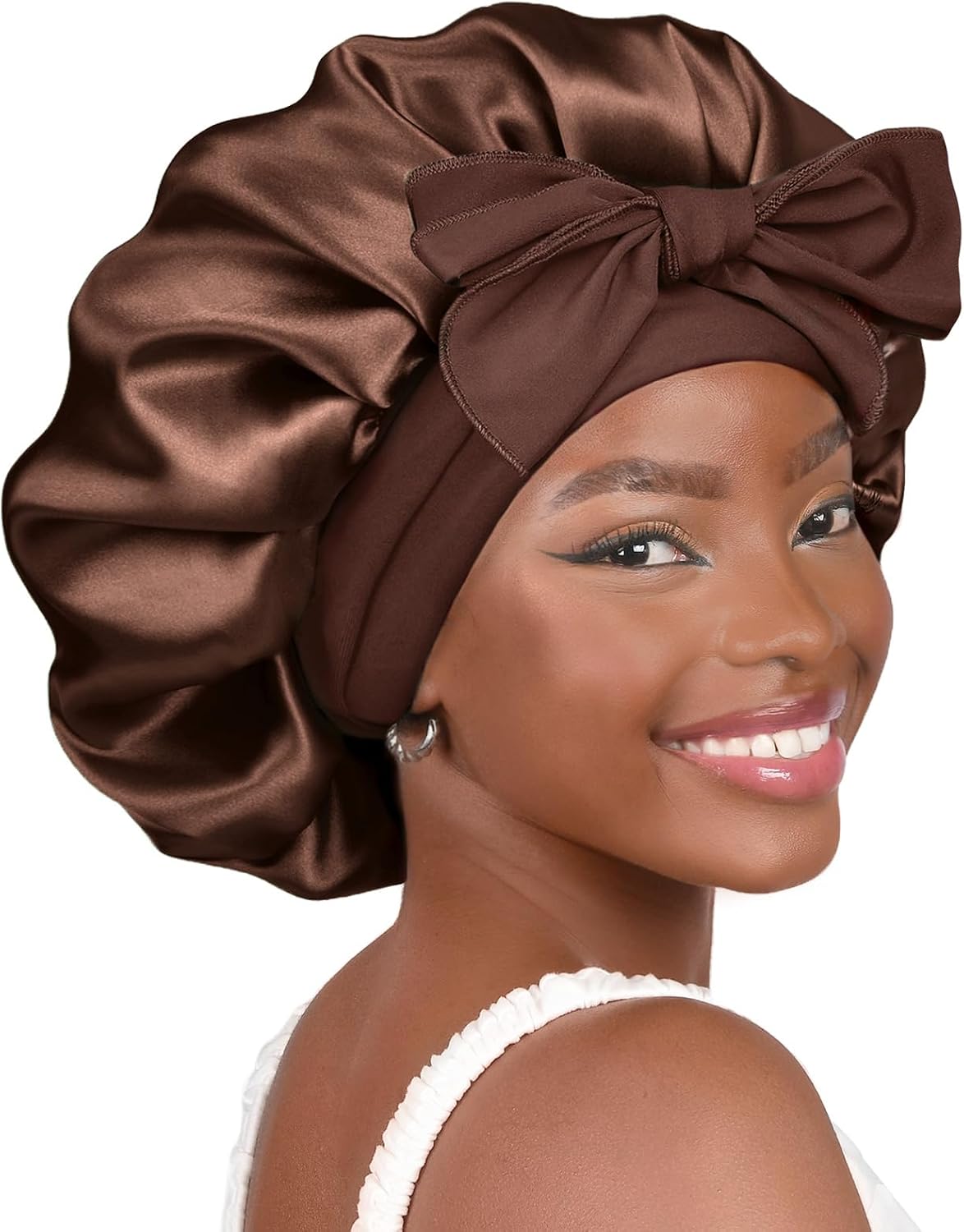 silk satin sleep bonnet in multi color with tie band for curly hair protection — back