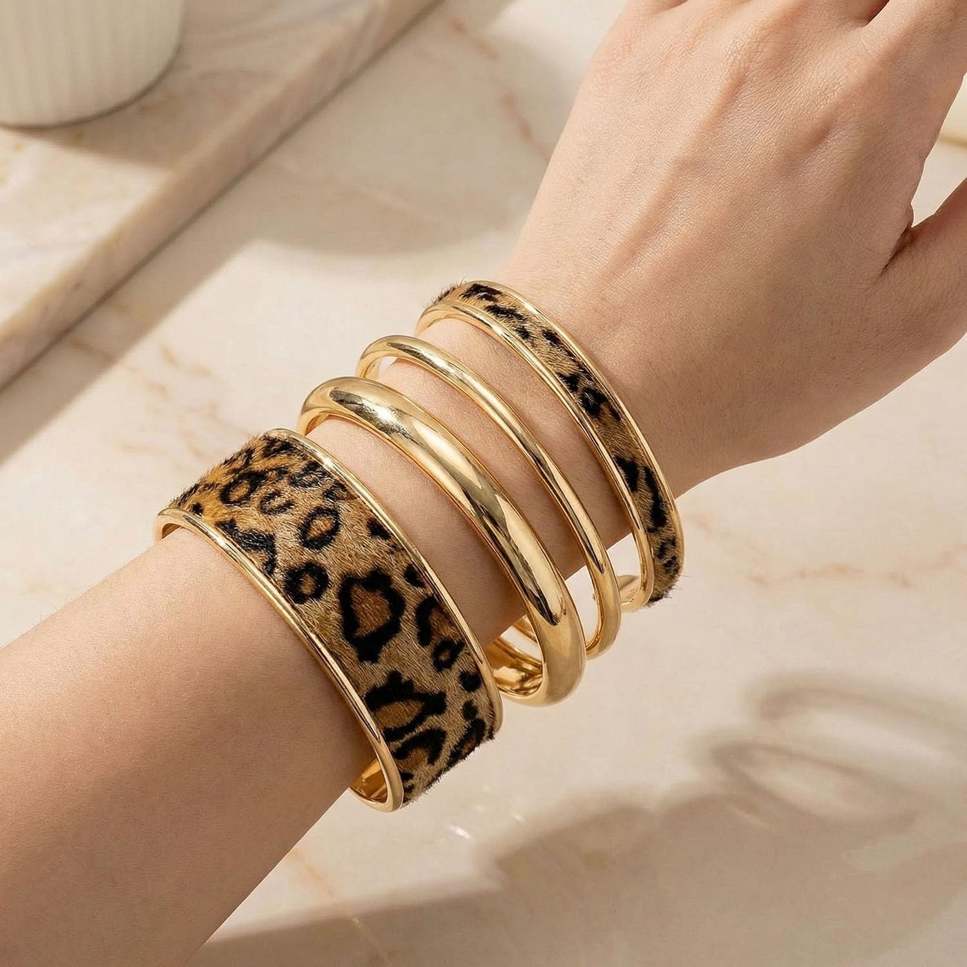 Leopard print gold bangle bracelet — chunky polished design, statement jewelry — view 2
