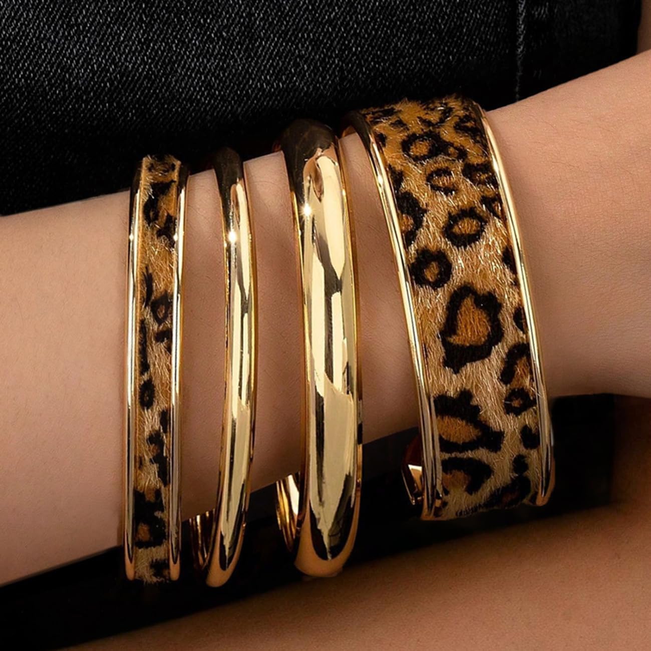 Leopard print gold bangle bracelet — chunky polished design, statement jewelry — view 2