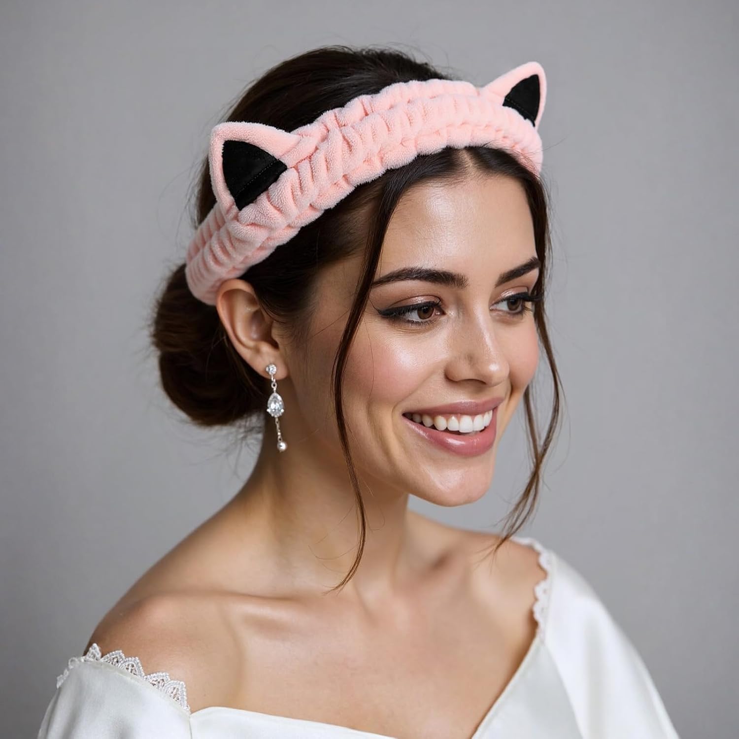 Pink fleece cat ear headband for skincare and makeup routine — view 2