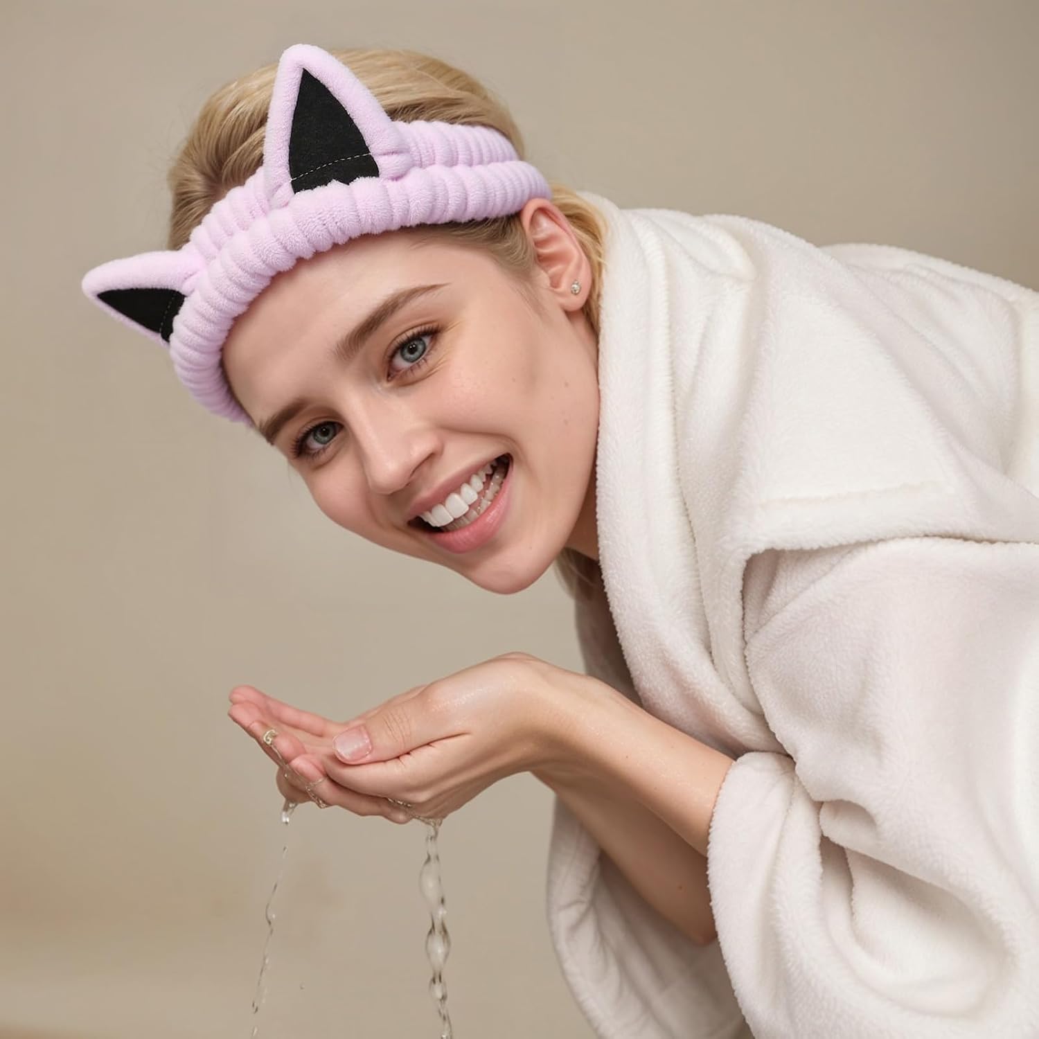 Pink fleece cat ear headband for skincare and makeup routine — view 3
